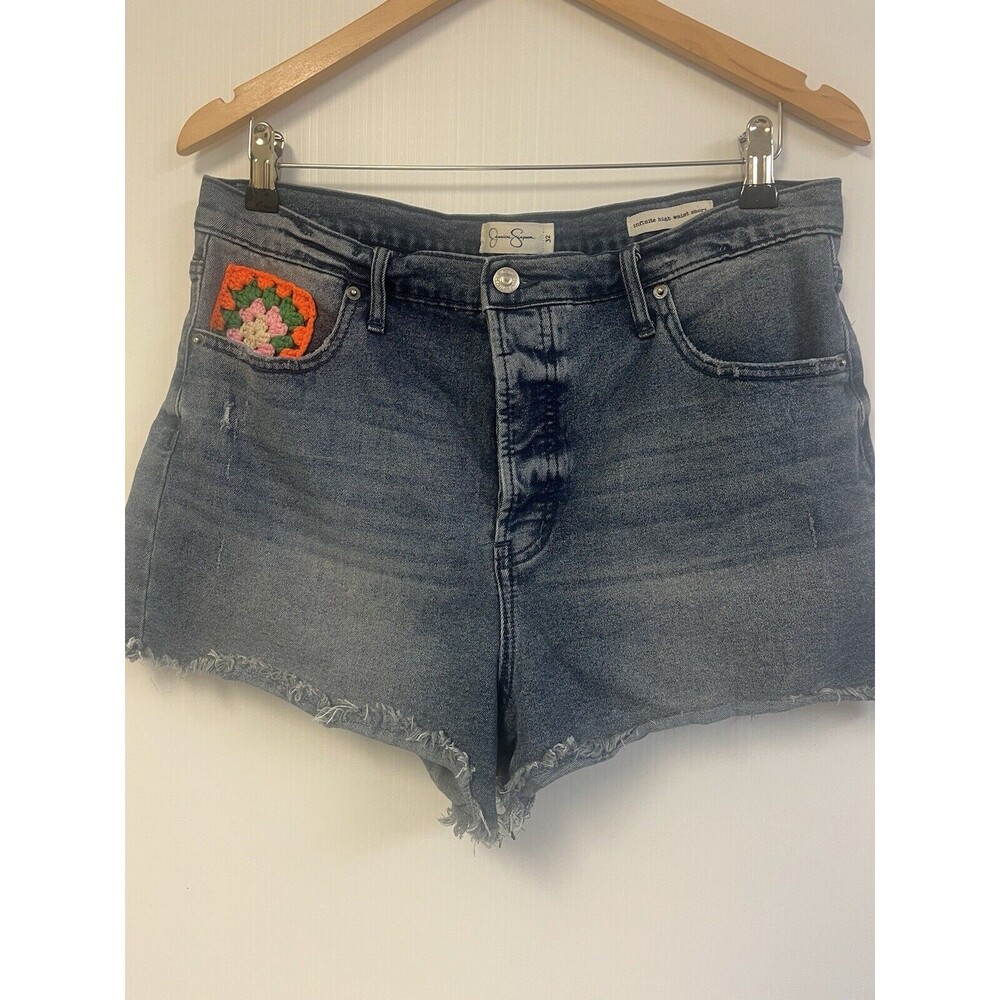 Jessica Simpson‎ Infinite High-Waist Cut Off Jean Shorts - Size 32 Knit Patch